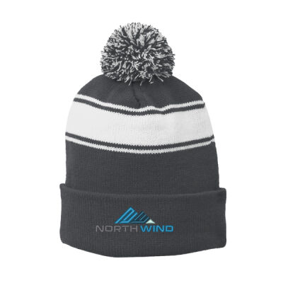 North Wind Embroidered - Stripe Pom Pom Beanie Thumbnail