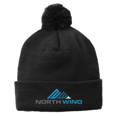 North Wind Embroidered - Solid Pom Pom Beanie Thumbnail